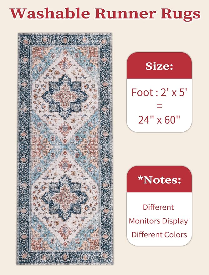 SERISSA Boho Washable Runner Rug, 2x5 Rug Non-Slip Vintage Blue Orange Hallway