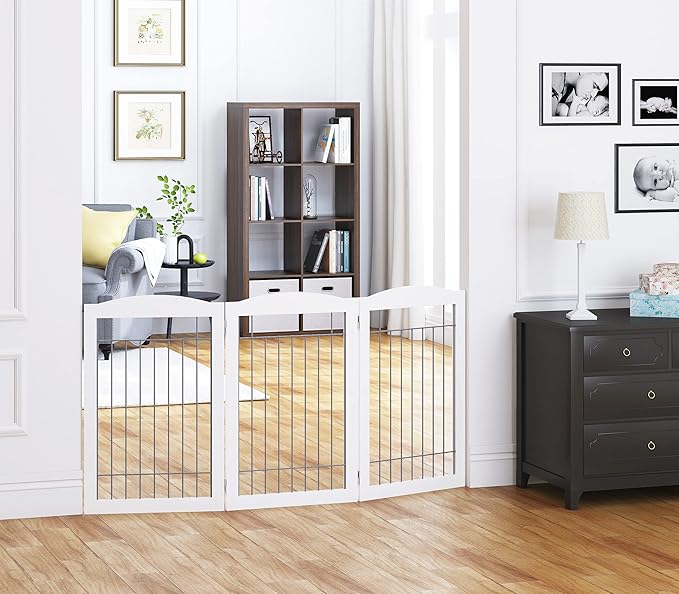 Spirich Freestanding Wire Pet Gate for Dogs, Tall Dog Gate for The Houes, Doorway, Stairs, Pet Puppy Safety Gate with Sliver Wire 60 Inches Extra Wide, 30 Inches Tall, 3 Panels, White