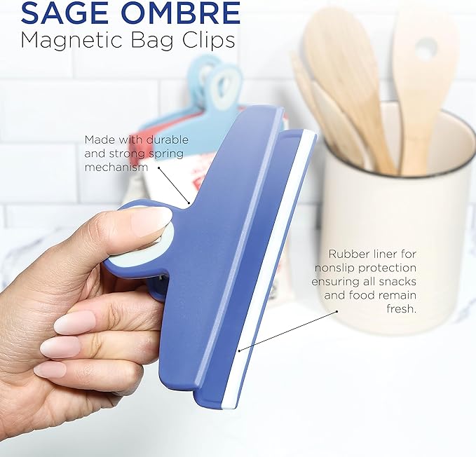 COOK WITH COLOR Bag Clips - Heavy Duty Chip Clip and Refrigerator Magnet Clips for Food Storage with Air Tight Seal Grip, Bright Blue, Pack of 8