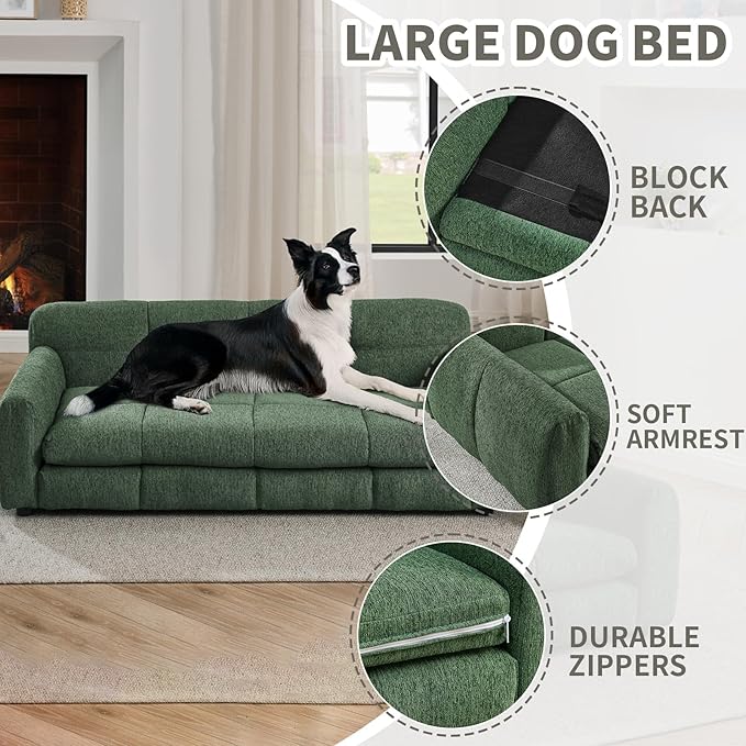 51" Soft and Comfortable Pet Bed for Large and Oversized Dogs, Durable Elevated Dog Sofa with Armrest and Backrest, Modern Linen Fabric Dog Couch, Olive Green