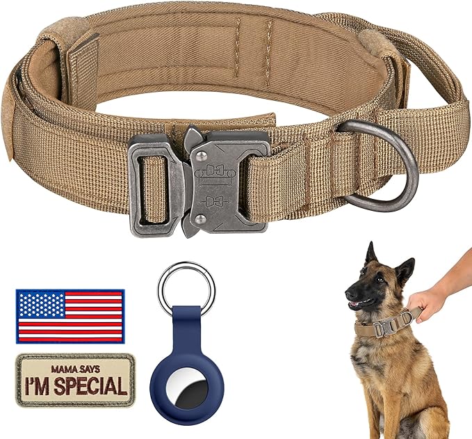 DAGANXI Tactical Dog Collar, Adjustable Military Training Nylon Dog Collar with Control Handle and Heavy Metal Buckle for Medium and Large Dogs, with Patches and Airtags Case (XL, Brown)