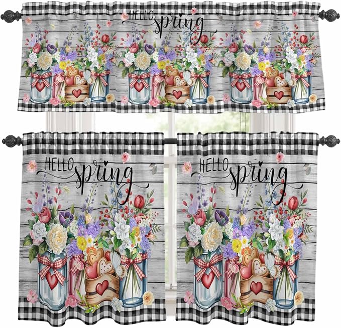 Spring Flowers Kitchen Curtains Set 3 Piece