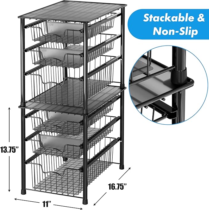 Simple Houseware 3-Tier Stackable Sliding Basket Storage Organizer Drawer for Bathroom and Kitchen, Black