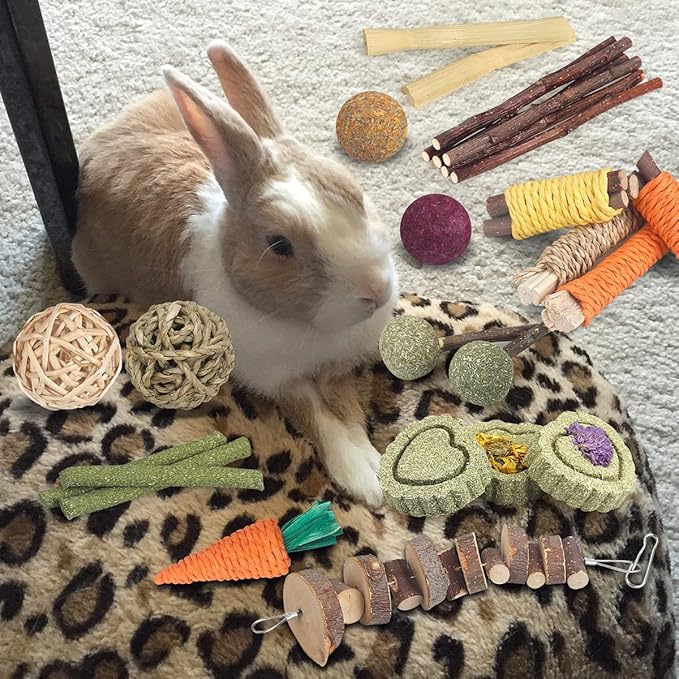 Rabbit Toys Bunny Toys 26Pcs Natural Timothy Hay Sticks Apple Wood Sticks Handmade for Guinea Pig Hamster Rat Chinchilla