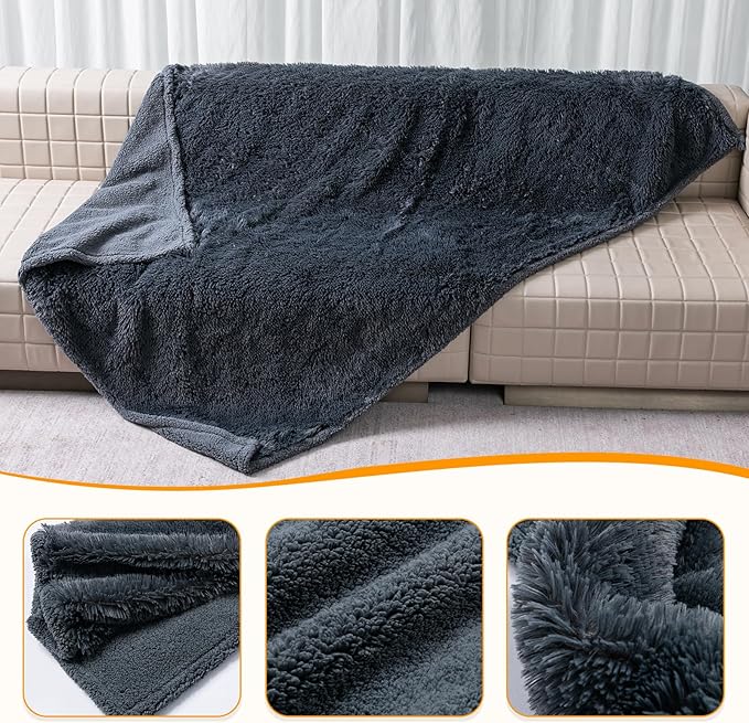 Waterproof Pets Blankets for Dogs 57x40in Calming Cat Blanket for Bed Couch Sofa Cover Protector Washable Long Faux Fur Pet Throw Blanket for Puppy Reversible Furniture Protection Mats (Gray,M)