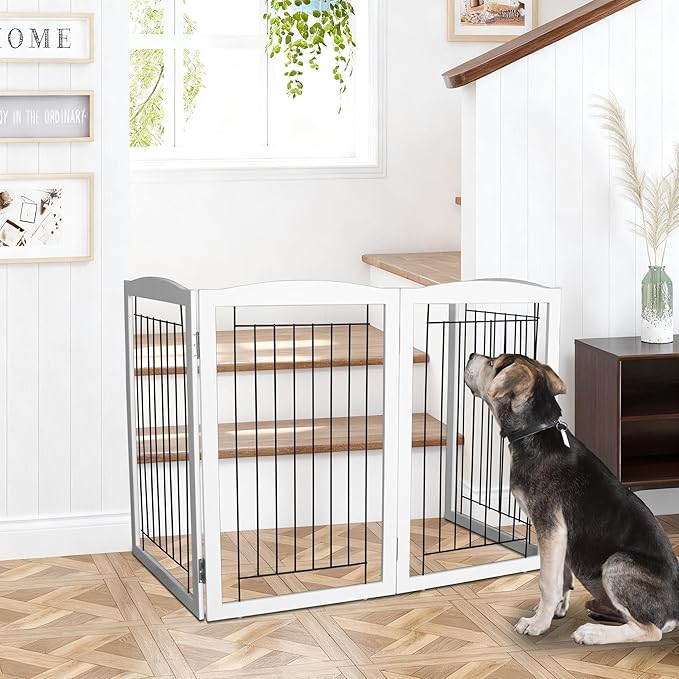ZJSF Freestanding Foldable Dog Gate Wooden Extra Wide White Puppy Gate 6 Panels Tall Pet Gates for The House Dog Fence