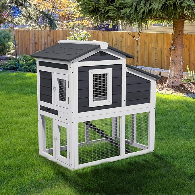 Chicken Run Coop, Wooden Duck Coop Outdoor 2-Tier Hen House All Weather Used Poultry Quail Cage Rabbit Hutch Pet Hideout with Ramp for Small Medium Animals(Grey)