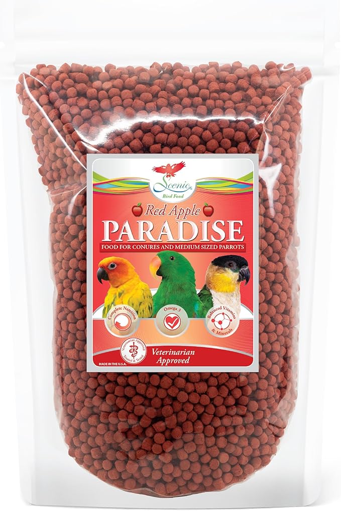 Scenic Apple Paradise Premium Parrot Food - Apple & Natural Flavors, High Protein, Low Iron Conure Bird Food, Eclectus & Other Small Pet Parrots, Omega 3, Vitamins & Minerals, 2 LB Bag