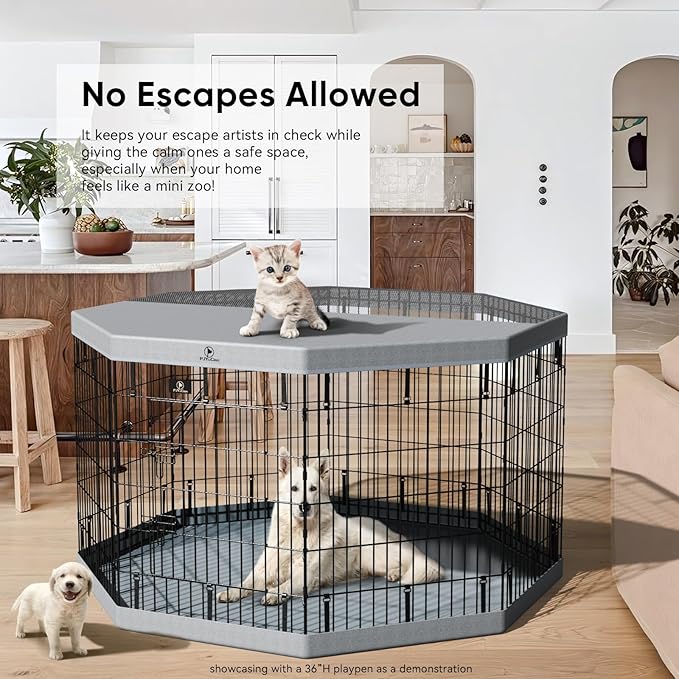 PJYuCien Dog Playpen with Top Cover and Bottom Pad - Metal Foldable Exercise Pen, 8 Panels 24" H x 24" W Indoor Outdoor Pet Fence Puppy Crate Kennel, Gray