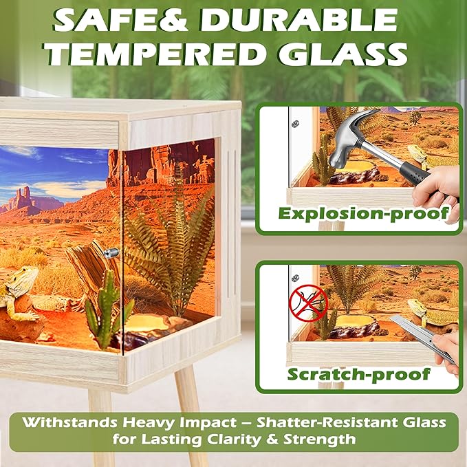 Royxen Tempered Glass Bearded Dragon Tank,33 Gallon Reptile Tank with Leg Stand,Built-in Lighting Reptile Enclosure Scartch-Proof Bearded Dragon Encloure for Chameleon,Snake,Lizard(Oak,32"x 16"x 16")