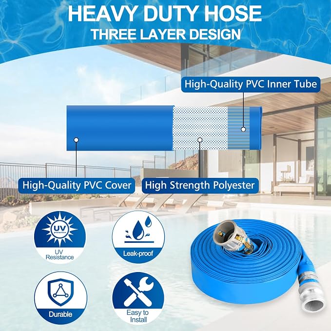 1.5" x 50 ft Backwash Hose for Swimming Pools, Heavy Duty PVC Water Lay Flat