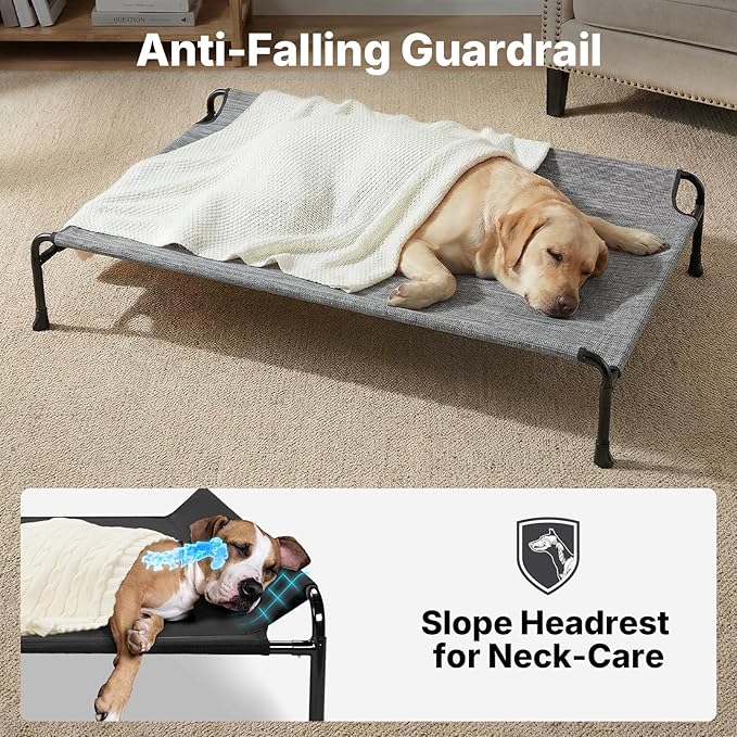 Veehoo Outdoor Dog Bed, Raised Dog Bed for Large Dogs, Elevated Dog Bed with Headrest, 47" Cooling Washable Pet Cot, Breathable Dog Hammock for Camping & Indoor, Non-Skid, Black Silver