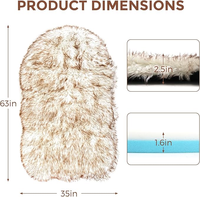 63 Inch Faux Fur Dog Bed for Large/Medium Dogs Orthopedic Beds with Fluffy Faux Fur & Soft Memory Foam for Joint Pain Relief, Machine Washable and Waterproof Dog Couch Beds White with Brown ﻿