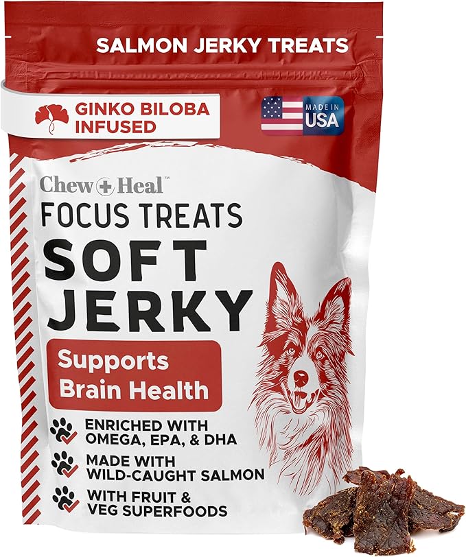 Chew + Heal Labs Dog Salmon Jerky Treats with Cognitive Support - 12 oz of Wild Caught Salmon Jerky Dog Treat - Made with Gingko Biloba, Blueberries, Cranberries, Pumpkin, and More - Made in The USA