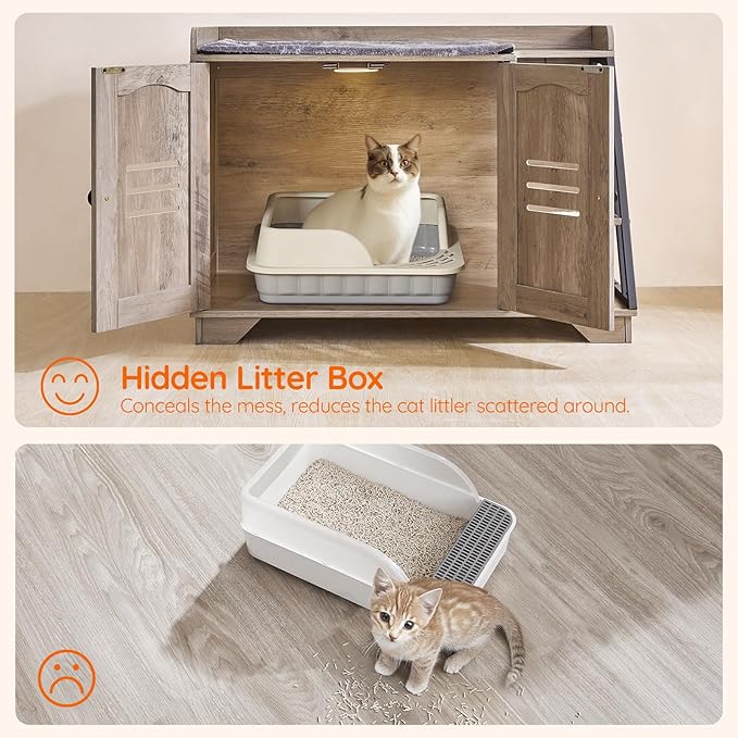HOOBRO Cat Litter Box Enclosure with Ladder, Hidden Litter Box Furniture with Rechargeable 3-Color LED, Plush, Teaser Balls, 31.5" L x 18.9" W x 22.4" H, All-in-One, Black and Greige BG48MW01G1