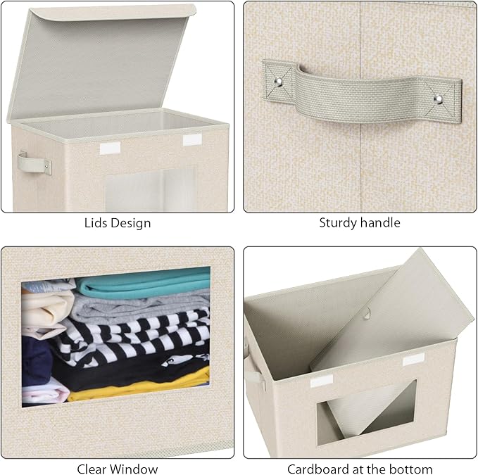 Univivi Collapsible Stackable Storage Bins with Lids [4-Pack] Foldable Fabric Closet Organizer Basket, Closet Organizers and Storage Cube Storage Bin for Home, Office, Bedroom (Beige, 17“ x 12” x 12")
