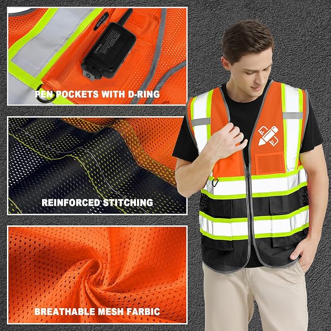 BeautyWill Custom Mesh Safety Vest Customized Logo Class2 High Visibility Reflective Vest with Pockets Construction workwear（Orange Black，3XL ）