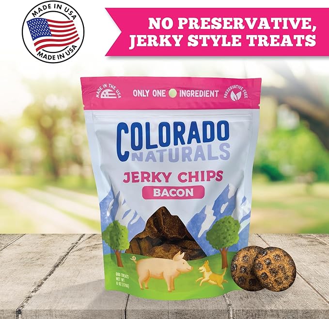 Colorado Naturals Bacon Jerky Chips Dog Treats, 6 oz – All-Natural, Made in USA, No Fillers or Preservatives – Great Source of Protein