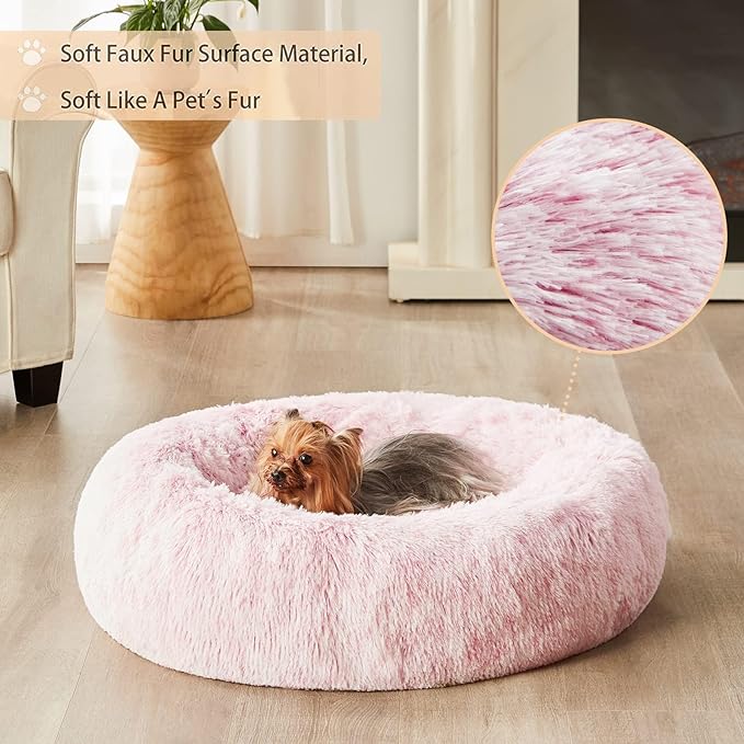 WNPETHOME Donut Dog Beds Large Sized Dog,Anti-Anxiety Caming Large Pet Bed,Fluffy Faux Fur Plush Puppy Bed，Warming Cozy Soft Round Bed for Pet, Cat Cuddler Cushion