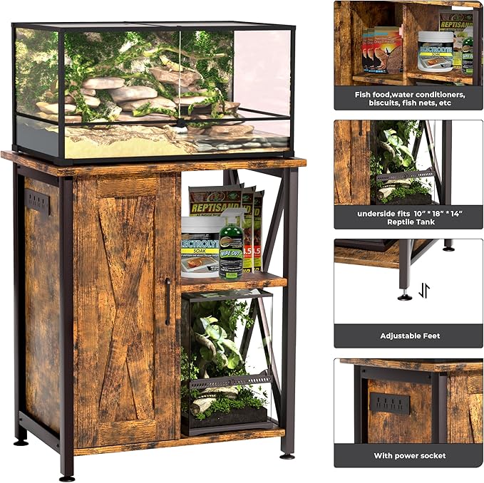 45-67 Gallon Reptile Tank Stand with Power Outlet, Terrarium Stand with Storage Cabinet, 24" Wx18 D Tabletop, Reptile Terrarium, Rustic Brown PG12XYN