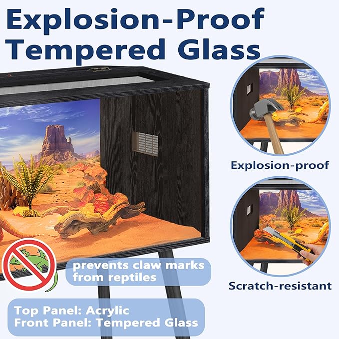 Prolee 80 Gallon Reptile Tank, Tempered Glass Bearded Dragon Tank with Wooden Roof and Lockable Doors, Large Lizard Habitat for Snakes, Iguanas, Chameleons (Black)