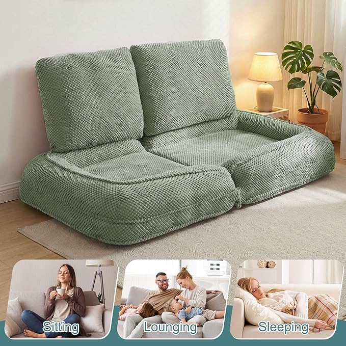 Human Dog Bed for Adults & Pets, 5-Position Adjustable Floor Chair, Convertible Lazy Sofa Bed with Metal Frame & 2 Pillows, Plush Gaming Lounge for Living Room Bedroom Office (Green)