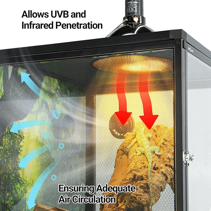 REPTI ZOO 16" x 16" x 30" Front Opening Chameleon Cage with 3-Sided Metal Mesh, 34 Gallon Screen Vertical Terrarium with Background Sticker, Tall Enclosure for Chameleon, Tree Frog, Arboreal Reptiles