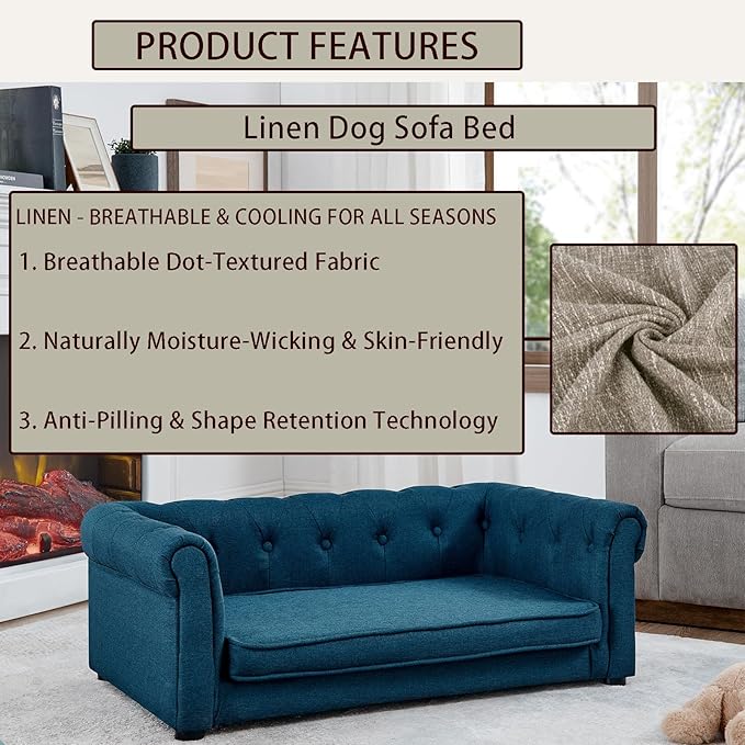 Elevated Rectangle Dog Sofa for Small & Medium Dogs - Comfortable Linen Fabric Dog Bed with Button Tufted Back, Durable Modern and Stylish Pet Bed for Living Room, Bedroom (Blue)