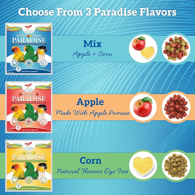 Scenic Apple Paradise Premium Parrot Food - Apple & Natural Flavors, High Protein, Low Iron Conure Bird Food, Eclectus & Other Small Pet Parrots, Omega 3, Vitamins & Minerals, 1 LB