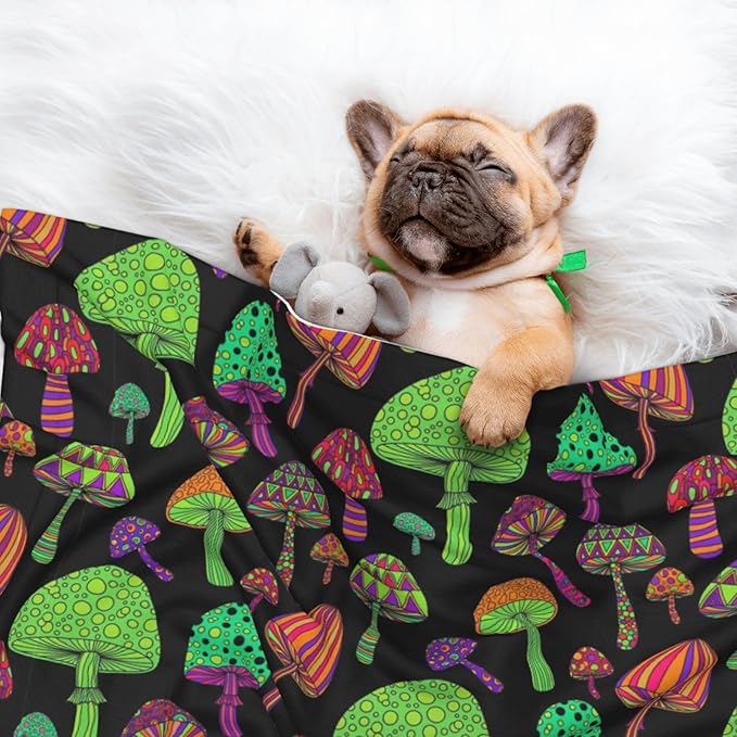 Double Sided Pet Throw for Dogs Who Shed, Trippy Mushrooms, Reversible Blanket with Nubby Dot Side Catches Loose Fur for Easier Furniture Cleanup