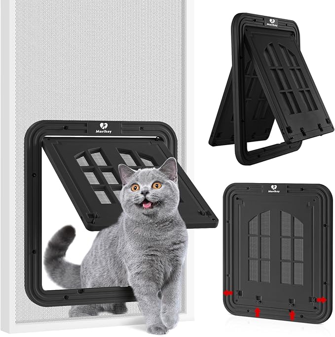 Cat Screen Door,Inside Opening 9.8×8.3Inch Cat Door for Screen Door, Pet Screen Door with Lockable Magnetic Flap for Pet Door,with 4 Entry Ways, Medium