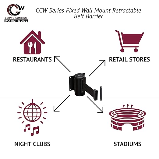 Crowd Control Warehouse - CCW Series WMB-125 Fixed Wall Mount Retractable Belt Barrier - 11 Foot, Light Blue Belt with Black Steel Case