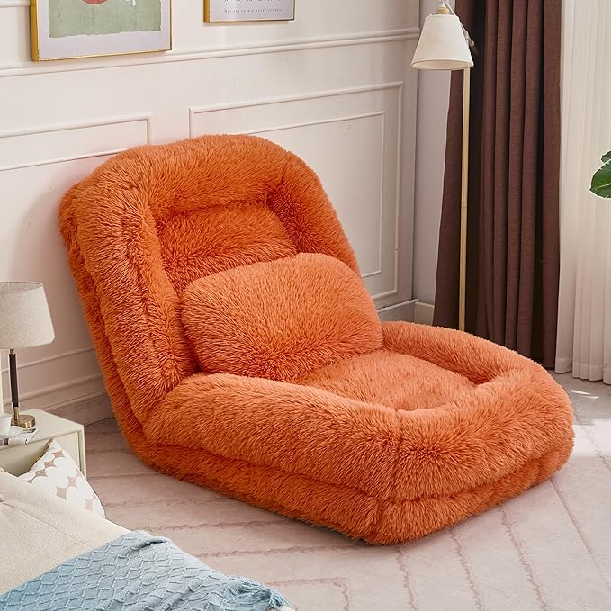 Human Dog Bed for Adult and Kids, Comfy Foldable Lazy Floor Sofa Bed with 5 Adjustable Position, Orange Upholstered Floor Bean Bag Lounger Chair for Bedroom, Living Room,Office (Orange)
