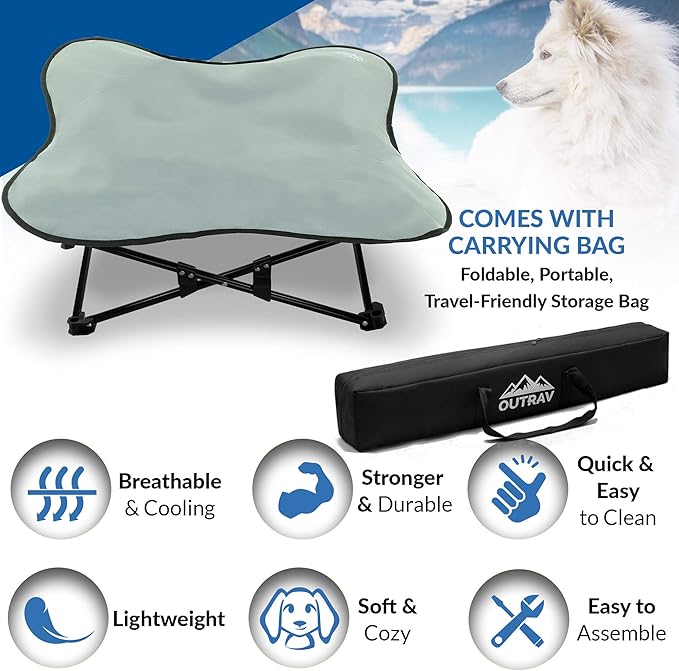 Portable Elevated Bed | Folding Pet Cot for Indoor, Outdoor, Traveling, Camping | Fold Up Steel Frame with Padded Cushion Canopy | Raised Travel Lounger for Large, Small, Dogs, Cats, up to 100 lb.