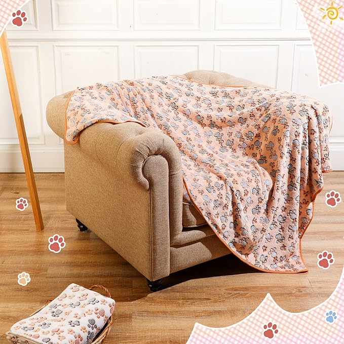 Tatuo 4 Pcs Dog Blanket for Pet Cat Blankets Indoor Puppy Teething Stuff Toys Paw Print Fleece Soft Blanket Sleep Mat for Guinea Pig Cage(White, Coffee, Pink, Purple,XXX-Large(51 x 63 Inch),Square)