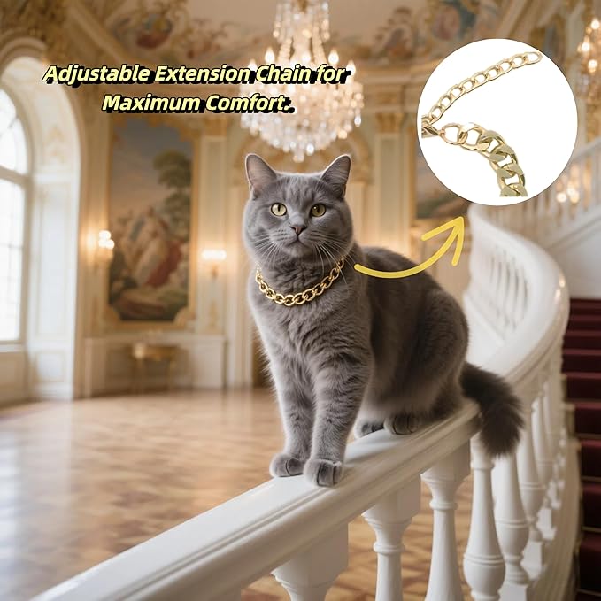 Gold Cat Chain Collar,Adjustable Cuban Link Necklace for Cats, Lightweight & Durable Metal Pet Gift, Stylish Decorative Accessory (Gold, M)