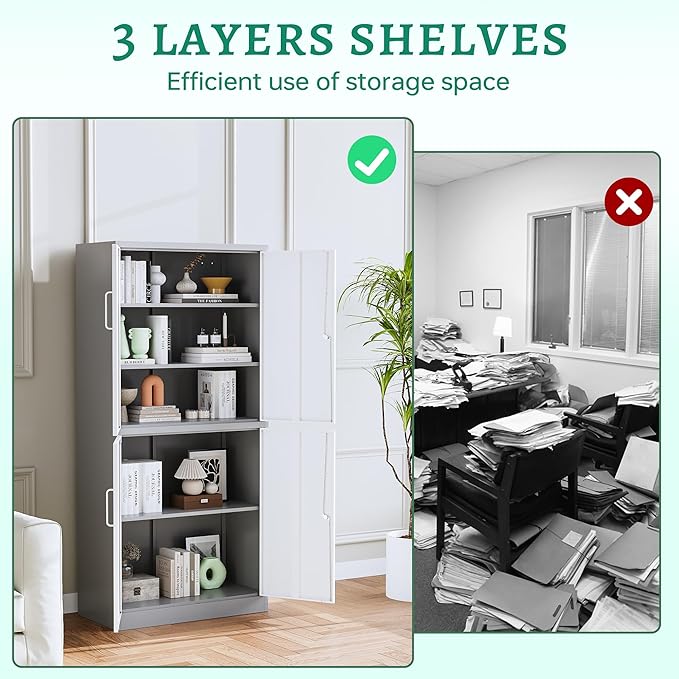 Letaya Metal Storage Cabinet with Lock Door, Adjustable Shelf Steel Cabinets for Office, Home,Pantry,Kitchen,Garage Utility Cabinet (4 Door-White&Gray)