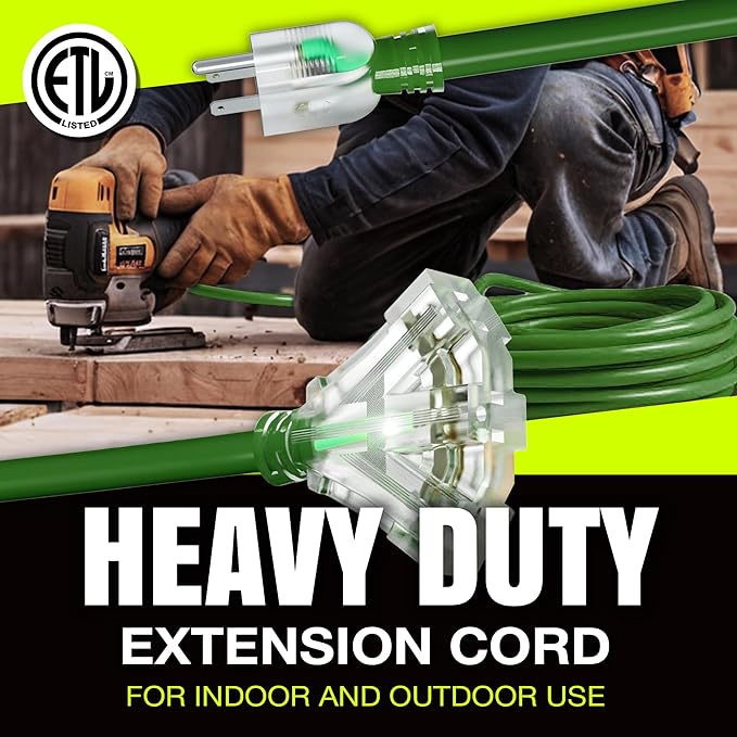 50ft Outdoor/Indoor Extension Cord 3-Outlet 12/3 Gauge Extra Heavy Duty ETL Listed, 3 Prong SJTW, Waterproof, Flexible Cold-Resistant Long Power Cord,15A 125V 1875W, Green by LifeSupplyUSA