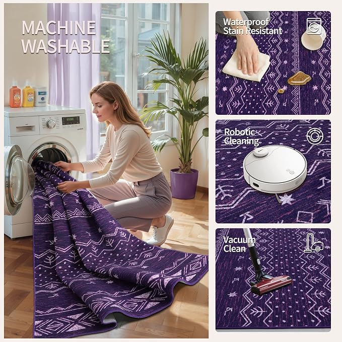 SERISSA Hallway Runner Rug, 2x10 Washable Non-Slip Purple and White Runners