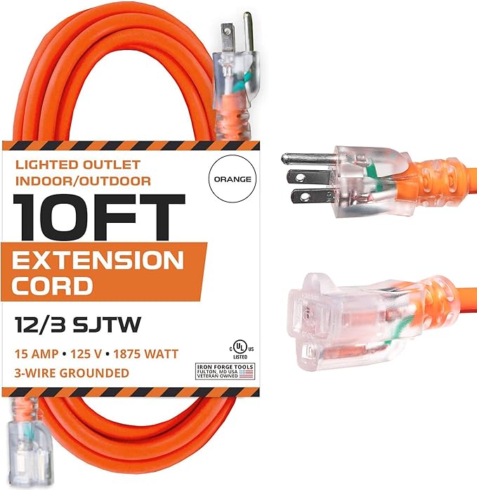 Iron Forge Cable 12 Gauge Extension Cord 10 ft, 12/3 SJTW 10 Foot Heavy Duty Extension Cord Outdoor 3 Prong, Weatherproof Orange Power Cable 15 Amp, Great for Major Appliances