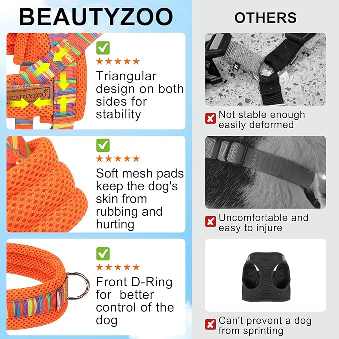 BEAUTYZOO Dog Harness for Small Dogs,No Pull Dog Harness and Leash Set,Soft Escape Proof Puppy Vest Harness with Handle,Reflective Lightweight Step in Harness for Girl Boy Dogs,Orange_Print XS