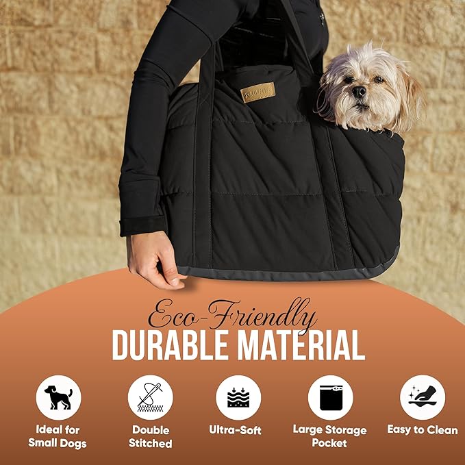 NoblePup Plush Dog Purse Carrier for Small Dogs, Soft Tote Bag with Safety Harness Clip, Cozy Pet Carrier for Dogs Under 15 lbs, Comfortable Shoulder Carrier for Travel, Black 2.0