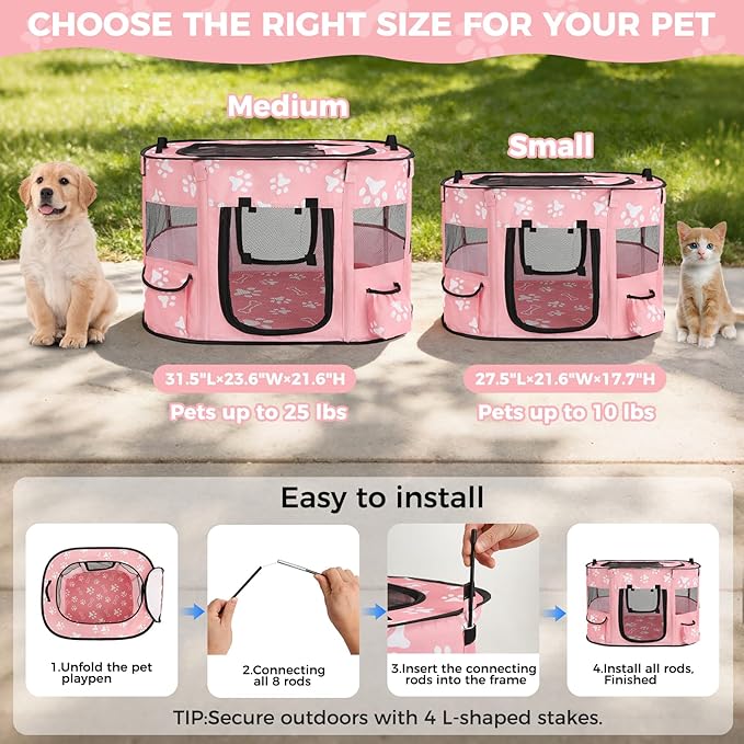 Homimp Portable Pet Playpen for Indoor Cats & Puppies, Foldable Dog Playpen Outdoor Tent Crate Cage with Pee Pad & Carry Bag, Pet Crate with Mesh Sides for Small Animals Travel, Pink M