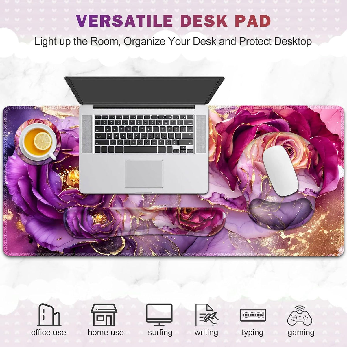 Gaming Mouse Pad Large Desk Mat, Cute Purple Marble Rose Desk Pad Protector