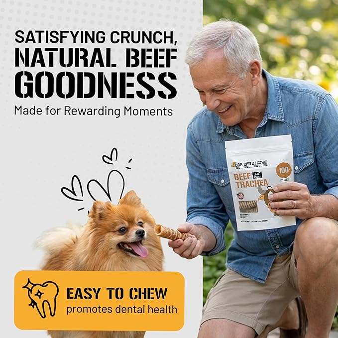 Dog Chits Beef Trachea for Dogs 1lb - 100% Single Ingredient, High Protein, Low Fat - Glucosamine for Joint Support - Dental-Clean Crunch - Digestible Rawhide-Free, Trachea Dog Treats - 3-4 inch