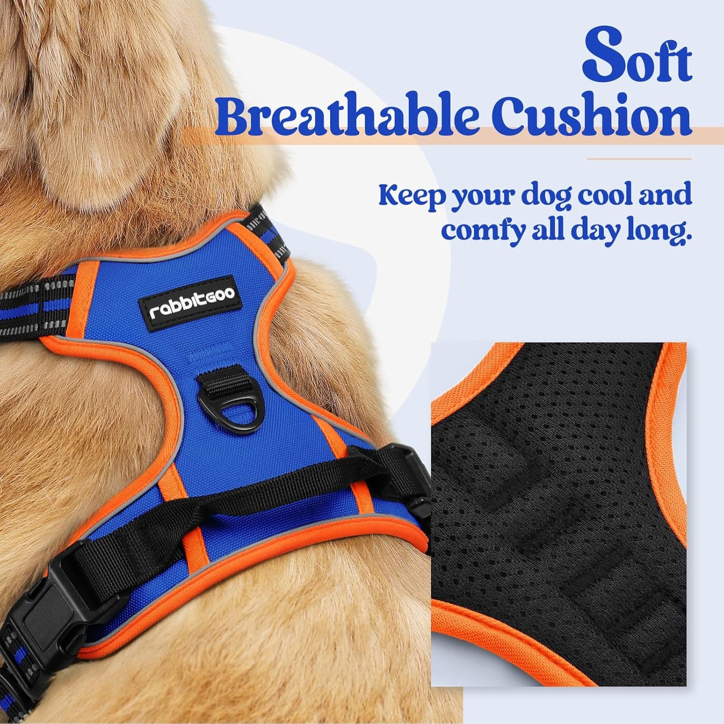 rabbitgoo Dog Harness No Pull with 2 Leash Clips, Adjustable Soft Padded, Reflective Oxford No Choke Pet Vest with Easy Control Handle for Medium Sized Dogs, Blue & Orange, M