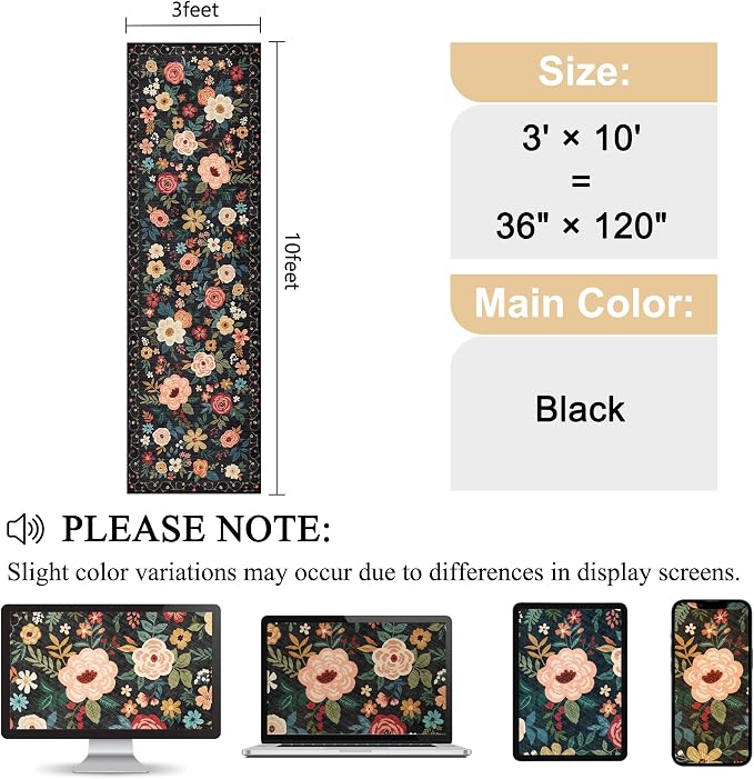 DUKINO 3x10 Runner Rug for Hallway, Washable Kitchen Floral Runner Rug