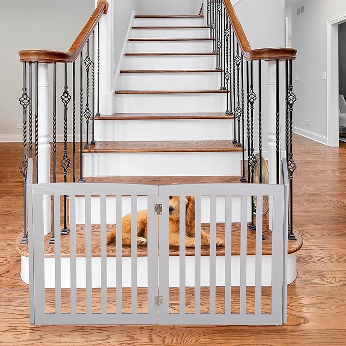 ZENY 24 Inch Pet Dog Gate, Foldable Freestanding Dog Door 4 Panel, White Wooden Z Shape Step Over Pet Fence for Entryway, Stairs, Doorway (Grey)