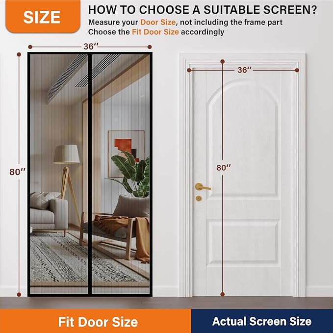 Magnetic Screen Door, Heavy Duty Door Screen Magnetic Closure Keep Bugs Out,Pet & Kid Friendly，Hands Free Door Screen Fit Door Size40 x 96 Inches ‎Black