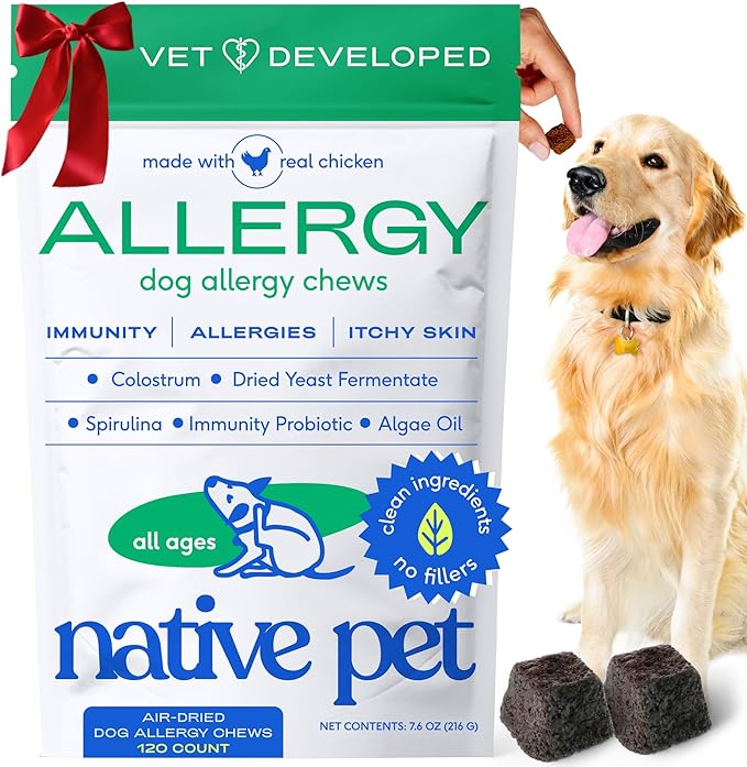 Native Pet Dog Allergy Chews - Dog Allergy Relief with Probiotics and Colostrum for Itchy Skin Relief to Support Seasonal Allergy and Healthy Immune System - All Natural Anti-Histamine - 120 Chews
